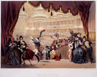 Maskeballet i Opera de la Rue Le Peletier i Paris Dette bal blev kaldt Grand Veglione. Litografi af Eugene von Guerard (1811-1901) Paris fra det 19. århundrede, Musee Carnavalet
