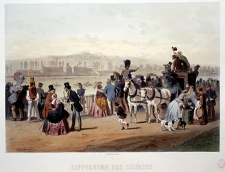 Udsigt over væddeløbsbanen ved Bois de Boulogne Litografi af Eugene Guerard (1821-1866) 1800-tallet. Paris, Musée Carnavalet