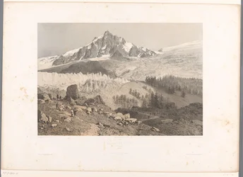 Udsigt over Bossons-gletsjeren i Chamonix-dalen Glacier des Bossons, Chamonix (titel på objekt) Ansigter i Schweiz og Savoy (serietitel) La Suisse et la Savoie (serietitel på objekt)