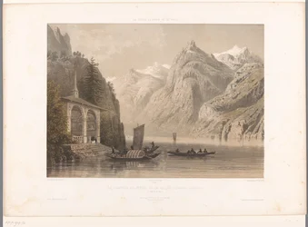 Udsigt over Tells-kapellet ved Luzern-søen La Chapelle de G.me Tell et le lac des Quatre-Cantons (titel på objekt) Ansigter i Schweiz, Savoy og Tyrol (serietitel) La Suisse, la Savoie et le Tyrol (serietitel på objekt)
