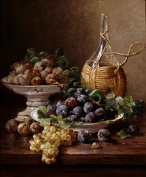 Stilleben med druer, blommer og vin. Maleri af Eugene Claude (1841-1923) Privat samling.