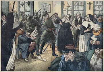 1914, Første Verdenskrig: Amelie Rigard, kendt som søster Julie, forsvarer de sårede på sit hospital mod tyske soldater. Gerbeviller, Meurthe og Moselle (54). Illustration af Damblans. I "" Le Pelerin"" af 17. maj