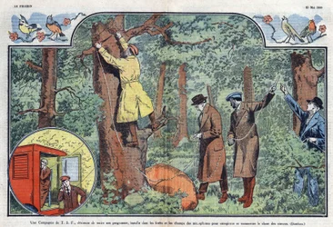 En T.S.F. Virksomheden installerer mikrofoner i skovene og markerne for at optage og transmittere fuglesang. Illustration af Damblans i "" Le Pelerin"" af 21. maj 1933.