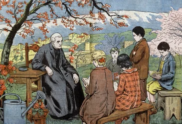 En præst og kommende unge mennesker, der skal tage deres nadver, i en have, tegnet af Damblans fra papiret "Le Pelerin" 17. maj