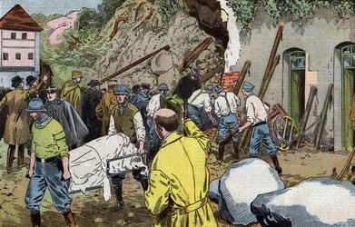 Liget af den amerikanske general Dunlop døde, fordi han reddede fru Briant under kollaps af udhuse på Fariniere-slottet (Frankrig) tegnet af Damblans fra det franske blad "Le Pelerin" 7. juni