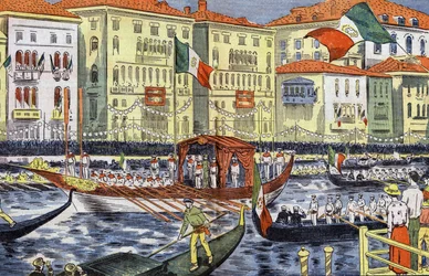 Fejring i Venedig til ære for prinsen og prinsessen af Piemonte, tegning af Damblans fra papiret "Le Pelerin" 25. september