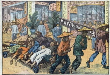 Borgerkrig mellem nationalister og kommunister i Kina: Efter de kommunistiske uroligheder i Kanton stables ofrenes lig på vogne. Illustration ved Damblans. I »Le Pèlerin« af 4. marts