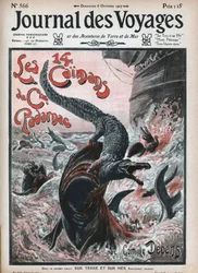 Krokodiller fortærer af hajer. Illustration af Damblans "De fjorten kaimaner fra Kaptajn Padarnac"" af Camille Debans (1834-1910). En avis. Indgravering i "" Journal des Voyages"" fra 1907.