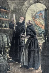 Dom Pierre Pérignon (1639-1715), benediktinermunk, opfinder af processen til fremstilling af champagne. Illustration af Damblans.