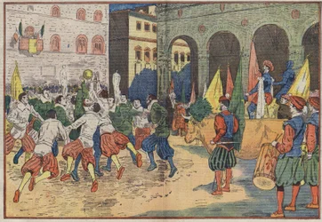 Firenze, Italien: på Place de la Seigneurie, en del af "calcio", fodbold fra det 15. århundrede, blev rekonstitueret i et tidstypisk kostume. Der blev tilbudt en oksekød til det vindende hold. Illustration af Damblans. I "" Le Pelerin"" af 8. juni