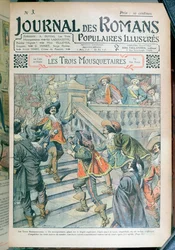 Forside af en serialisering af De tre musketerer af Alexandre Dumas pere (1803-70) fra Journal des Romans Populaires Illustres, 1905