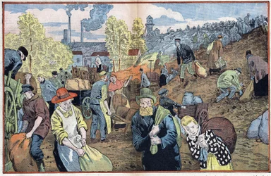 Jægere leder efter kulstykker blandt stenene, der er udvundet fra minerne for at varme sig op om vinteren. Rhur-regionen, Tyskland. Illustration af Damblans. I "" Le Pelerin"" af 4. oktober