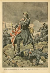 Illustration af Eugene Damblans (1865-1945) i Le Pelerin, 01/01/05 - En russisk korporal river et japansk flag i stykker foran Port Arthur - Rusland, Japan, Port Arthur, Russisk-Japansk krig, Kampe, Rifler - Soldater, Korporal