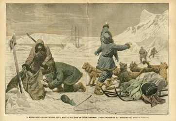 Illustration af Eugene Damblans (1865-1945) i Le Pelerin, 02/04/05 - Den russiske mission Klotchak opdager på nordpolvejen et brev, der bekræfter det uheldige tab af ekspeditionen Toll - Nord- og Sydpolen, Polar Ekspeditioner, Is, Slæde Trai