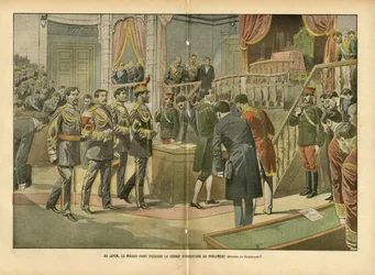 Illustration af Eugene Damblans (1865-1945) i Le Pelerin, 03/04/04 - I Japan præsiderer Mikado over åbningsmødet i parlamentet - Japan, Deputerethuset, Mikado, intern arkitektur - Mikado