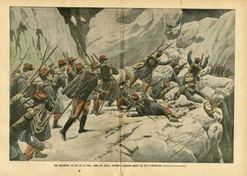Illustration af Eugene Damblans (1865-1945) i Le Pelerin, 06/03/04 - En lavine ved Pare passet i Alperne, der forårsagede flere dødsfald ved 157. infanteri - Forskellige fakta, Armee, Bjergbestigning, Infanteri , Alperne, Lavine - Soldat