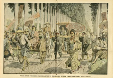 Illustration af Eugene Damblans (1865-1945) i Le Pelerin, 09/04/05 - Ved en halvtreds kilometer lang allé af Pines tager japanske peleriner til Nikko, deres hellige by - Religion Tro, Japan, Mode, Træ, Nikko - Pelerineringer