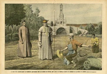 Illustration af Eugene Damblans (1865-1945) i Le Pelerin, 20/08/05 - Den Hellige Fader udfører sin daglige vandring i Vatikanets haver, ikke langt fra kapellet, der er rejst til ære for Jomfruen af Lourdes - Religion Tro, Landbrug, Vatikanet, Katolik