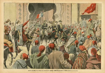 Illustration af Eugene Damblans (1865-1945) i Le Pelerin, 20/10/07 - Højtidelig indgang til Palais de Rabat af Mr. Regnault, Frankrigs minister i Marokko - Kolonisering Kolonialisme Kolonier, Arkitektur Urbanisme, Marokko, Officielt besøg - Regnault Euge