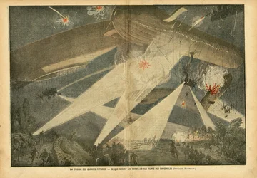 Illustration af Eugene Damblans (1865-1945) i Le Pelerin, 24/11/07 - En episode af fremtidige krige - Hvad vil kampene være i luftskibenes tid - Krig, Balloner luftskibe zeppelinere aerostation, Nocturne, Fighting