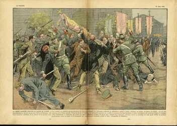 Illustration af Eugène Damblans (1865-1945) i Le Pèlerin, 27/06/37 - Hagekorset mod Kristi kors i Hitlers Tyskland - Tyskland, Preussen, religion, tro, menneskemængde, kamp, oprejsning, hagekors, kristent kors, katolsk, katolicisme - Solgt