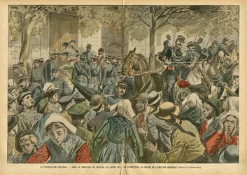 Illustration af Eugene Damblans (1865-1945) i Le Pelerin, 27/10/07 - Forfølgelse fortsætter I Finistere fordrives kurene fra deres præsbyteri midt i den generelle følelse - Religion Tro, Bretagne, Crowd, Katolsk Katolicisme, Finistere - S