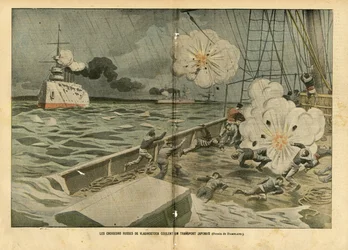 Illustration af Eugene Damblans (1865-1945) i Le Pelerin, 28/02/04 - De russiske krydsere af Vladivostok sænker en japansk transport - Armee, Maritime Marine Seaside, Russisk-Japansk krig, Krigsskibe, Vladivostok - Sømænd, sømænd