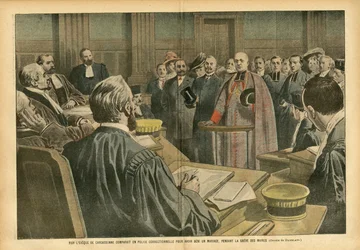 Illustration af Eugene Damblans (1865-1945) i Le Pelerin, 28/07/07 - MGR Carcassonnes eveque sammenlignet som et kriminalpoliti for at have velsignet et ægteskab under borgmesterstrejken - Retfærdighedsprocedurer, Religion Tro, Ægteskab, Carcassonne, Katol