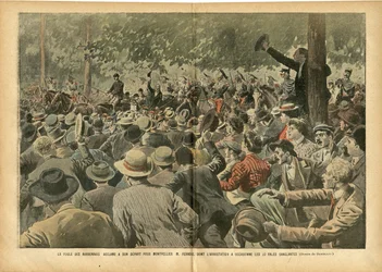 Illustration af Eugène Damblans (1865-1945) i Le Pèlerin, 30/06/07 - Folkemængden fra Narbonnais hylder manden fra Montpellier, hr. Ferroul, hvis arrestation forårsagede blodige dage - Samfund, vin, vinkrise, vinbondeopstand, Narbonne - Ernest Ferroul