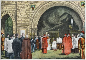 Foran "Grotto de Lourdes", i Vatikanets haver, velsignede pave Pius XI den første sten af Propagandakollegiet, som ville rejse sig på Janicule. Illustration af Damblans. I "Le Pelerin" af 3. juni