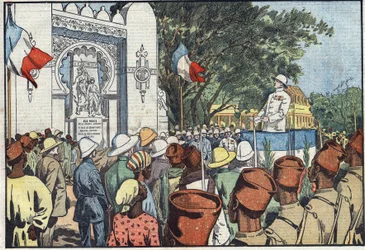 Indvielse i Dakar af Andre Maginot (1877-1932), minister for kolonier, af monumentet over de tredive tusinde døde i Fransk Vestafrika. Illustration af Damblans. I "" Le Pelerin"" af 10. marts