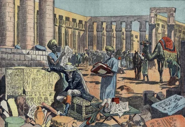 Jean Francois (Jean-Francois) Champollion (1790-1832), en fransk egyptolog, der studerer en inskription blandt kolonnaderne i Theben. Stik fra 1923. Tegning af Damblans.