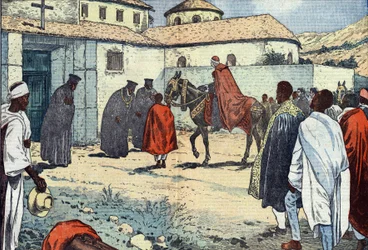 Monsignor Lepicier af Marias tjenereorden, ærkebiskop af Tarsus, blev modtaget i det koptiske kloster i Debre-Bizen i anledning af et apostolisk besøg i Abessinien (Etiopien). Illustration af Damblans. I "" Le Pelerin"" af 21. august