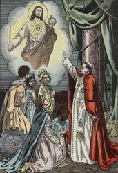 Pave Pius IX indleder fejringen af Jesu Kristi sociale regeringstid, tegning af Damblans fra det franske blad "Le Pelerin" 3. januar