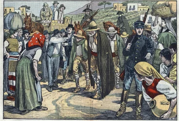 Røvere anholdt af det italienske fascistiske politi. Sicilien, Italien. Illustration af Damblans. I "" Le Pelerin"" af 14. februar