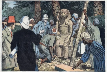 Den franske arkæolgiske mission opdager en statue af Sesostris III teenager, som vil blive bragt til Louvre. Medamoud, oldtidens Theben, Egypten. Illustration af Damblans. I "" Le Pelerin"" af 22. november