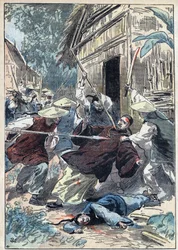 Den franske præst Berthollet (1865-1898), præst ved Udenlandsmissionerne, blev myrdet af kinesiske nationalgardister nær byen Yun Ngan Cheou (Yun-Ngan-Cheou) den 21. april 1898. Illustration ved Damblans i »Le Pèlerin« af 10. juli