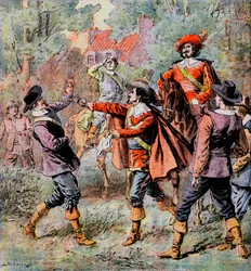 Musketeren af Artagnan, eskorteret af sin ven Porthos, truer en modstander med sin pistol - Illustration af Damblans til romanen "De tre musketerer" af Alexandre Dumas i "Diary des roman populaires illustres""" fra begyndelsen af det 20. århundrede -
