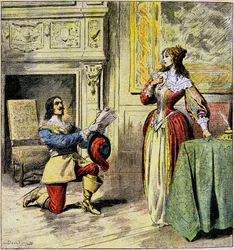 Musketeren af Artagnan knæler ved fødderne af dronning Anne af Østrig for at returnere hendes breve - Illustration af Damblans til romanen "Ving ans Apres" af Alexandre Dumas i "Journal of Illustrous Folk Romans"" fra begyndelsen af det 20. århundrede