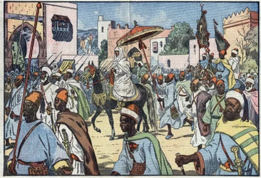Den nye sultan af Marokko, Moulay Mohammed, gør sit indtog i byen Rabat. Illustration af Damblans. I "" Le Pelerin"" af 4. december
