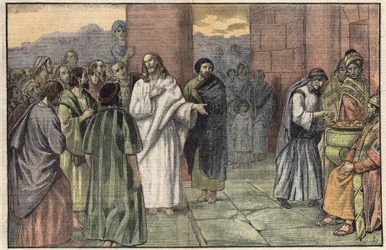 Enkens ofring. Evangelium ifølge Markus, kapitel 12, v. 41-44. Illustration af Damblans. I "" Le Pelerin"" af 28. juni