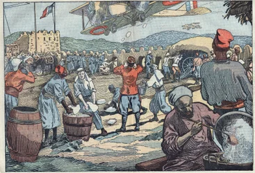 Krig i Marokko: Franske fly leverer is til en blokhusbelejring af dissidente marokkanere. Illustration af Damblans. I "" Le Pelerin"" af 24. maj