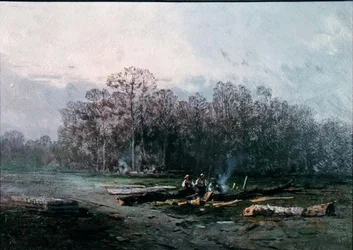 Misty Landscape with Woodcutters (olie på lærred)