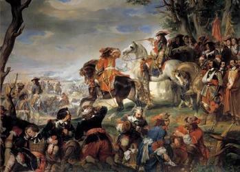 Krig fra Augsburgs Liga (1689-1697): "" Slaget ved Marsaille vundet af marechal af Nicolas Catinat de La Fauconerie (1637-1712), 4/10/1693 (sejr over de piemontesiske tropper af Victor-Amedee af Savoyen assists Prince Eugene)"" Maleri af Eugene Dever