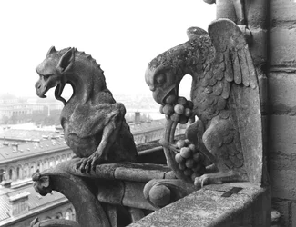 Gargoyler fra balustraden i Grande Galerie på vestfacaden, replika af en original (sten) fra det 12. århundrede (s/h foto)