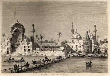 En bådbro i Bagdad, tegning af Eugène Flandin (1809-1876), til illustration af hans rejse til Mesopotamien i 1840-1842. Gravure i «Le Tour du Monde», 1861. Selvas samling.