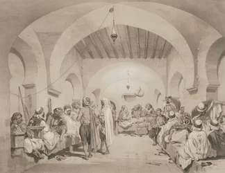 Cafe du Divan, Algier, fra et bind til minde om den franske ekspeditionsstyrke, der erobrede Algier i 1830, indgraveret af Adolphe Jean-Baptiste Bayot (1810-66)