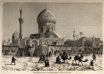 Marche-pladsen og Ahmet Khiaia-moskeen i Bagdad, tegning af Eugene Flandin (1809-1876), for at illustrere hans rejse til Mesopotamien i 1840-1842. Stik i “” Le tour du monde”” 1861. Selvas samling.