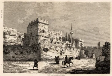 De store mestres palads på Rhodos, tegning af Eugene Flandin, for at illustrere hans rejse til øen Rhodos i 1844. Indgravering i "" Le tour du monde"", redigeret af Edouard Charton