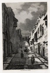 Rue des chevaliers, på Rhodos, tegning af Eugene Flandin, for at illustrere hans rejse til øen Rhodos i 1844. Indgravering i "" Le tour du monde"", redigeret af Edouard Charton